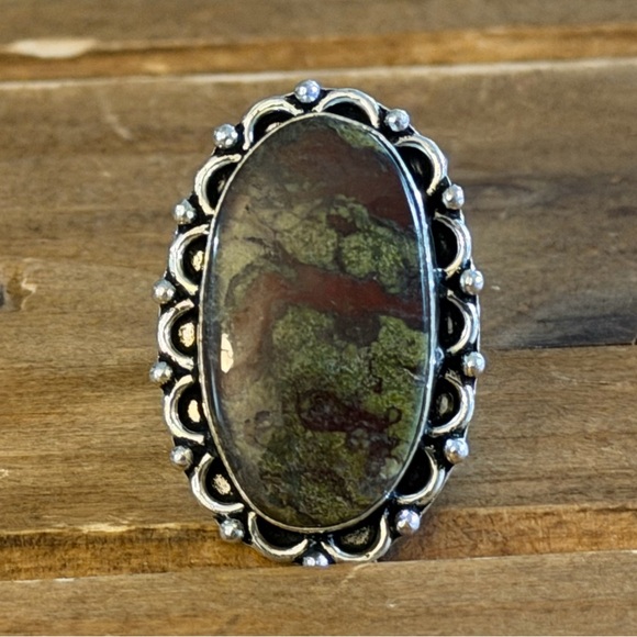 Vintage Jewelry - Vintage Style Genuine Blood Jasper Gemstone Ring Size 7 Silver 925 plated Boho